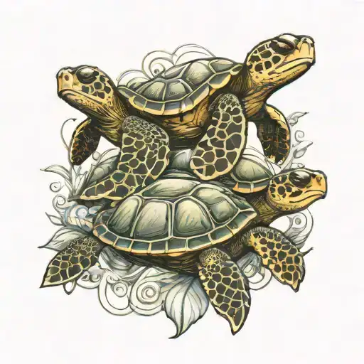 Three Sea Turtles Line Drawn