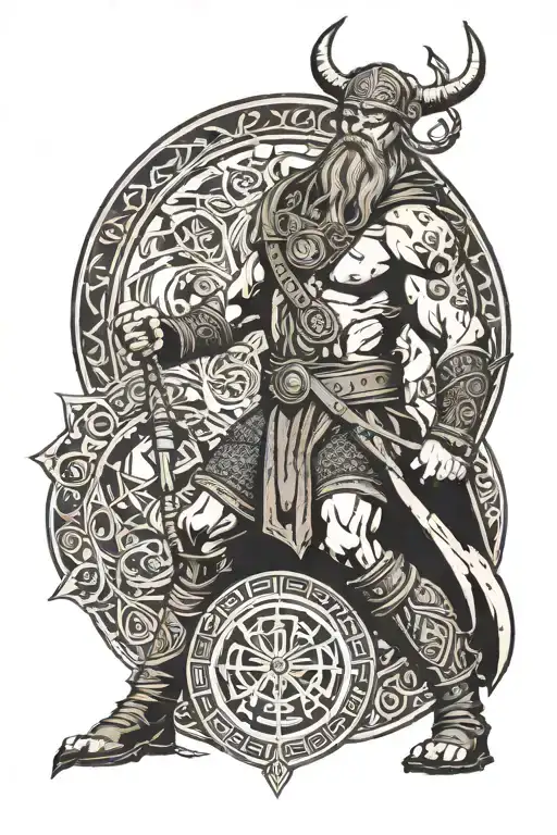 Viking Standing With A Circle Of Norse Mythology Symbols Around Him
