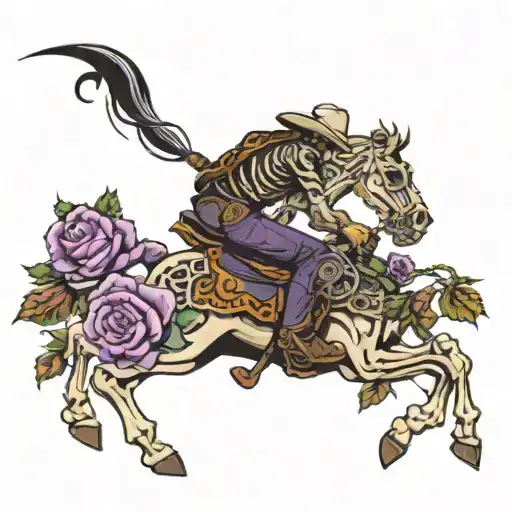Skeleton Cowboy On A Skeleton Bucking Horse Surrounded In Purple Roses