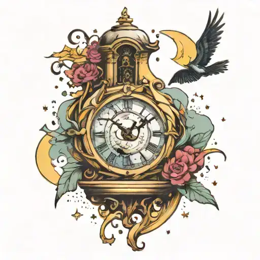 A Crumbling Clock Flying Birds Stairway To Heaven Moon Stars Tattoo