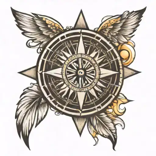 A Compass Combined With A Sun And Rays Shining Outward With Mountains Underneath