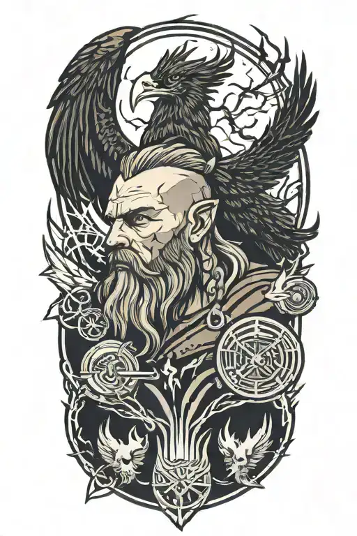 A Viking With A Mountain Behind Him With Lightning In The Sky And 2 Ravens