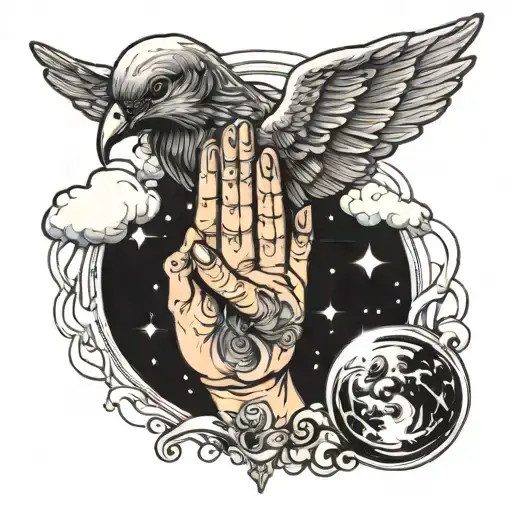 Galactic Nebula Hands Praying With Clouds Birds Angel Wings