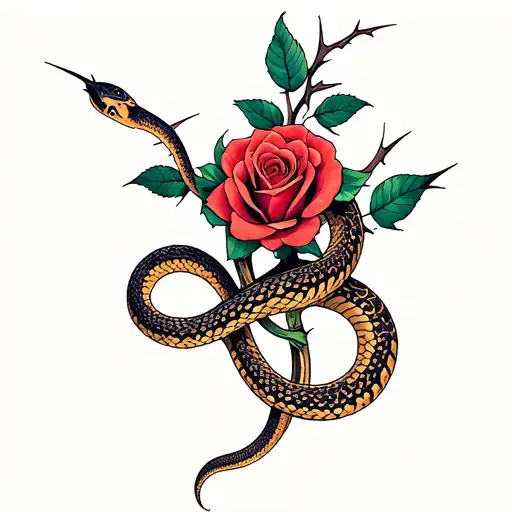 Two Symmetrical Snakes Positioned Vertically And Among Them A Rose With Thorns