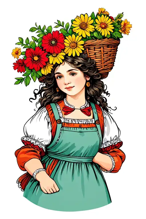 Beautiful Italian Peasant Girl In A Dress And Apron Carrying A Basket Of Flowers On Her Head