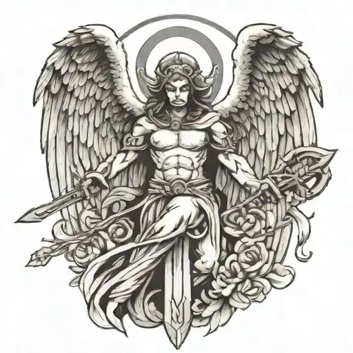 Angelic Figure With Sword And Halo Striking Demon