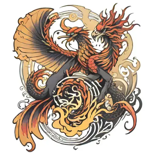 Pheonix And Dragon Around Yin Yan