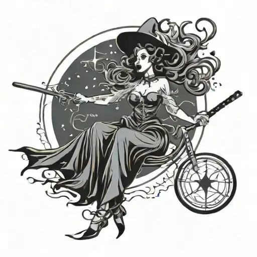 Burlesque Witch Flying On A Broomstick Across A Moonlit