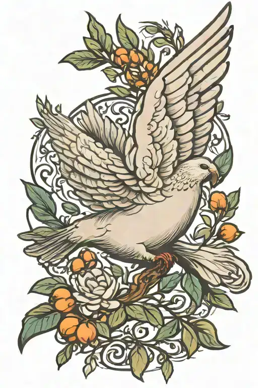 A Dove With Its Wings Up Carrying A Full Olive Branch