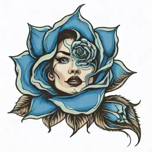 Blue Rose And Face Of Woman
