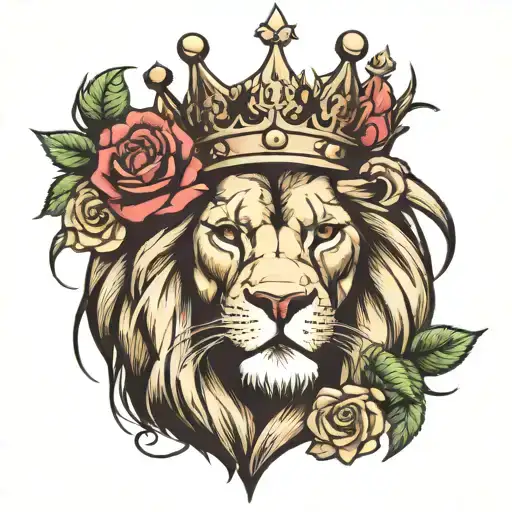 Lion Head With Crown And Roses