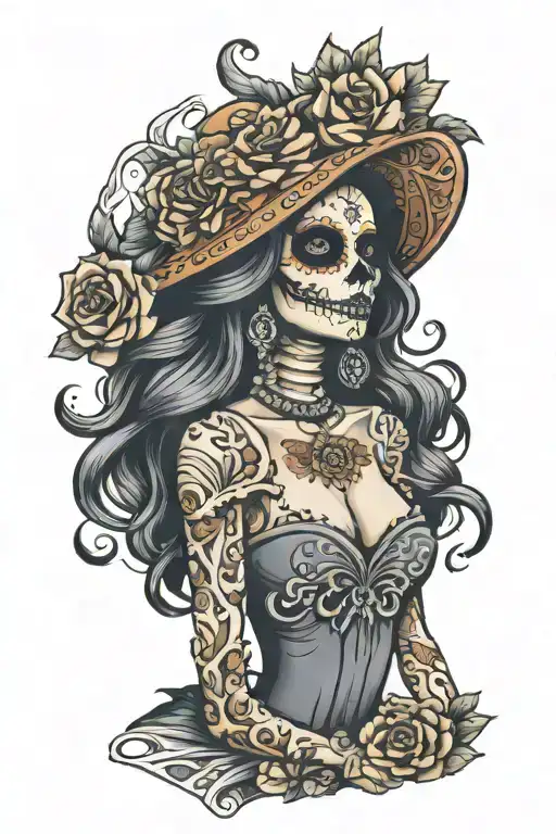 La Catrina With A Long Sugar Skull Face Dress