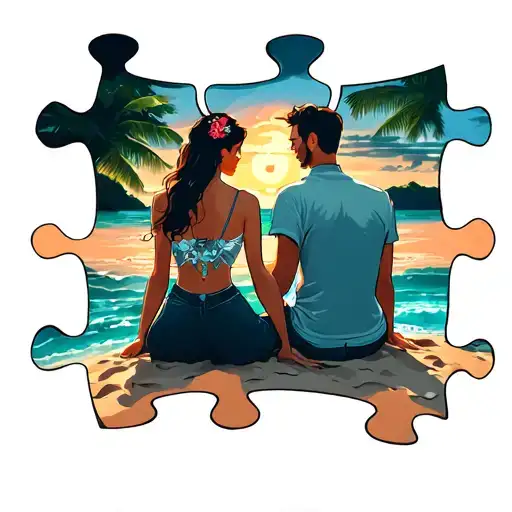 Puzzle Pieces For Couple Sitting On A Beach Scene