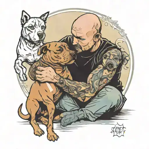 A Father Hugs A Son And A Pitbull Dog Watches Over Them