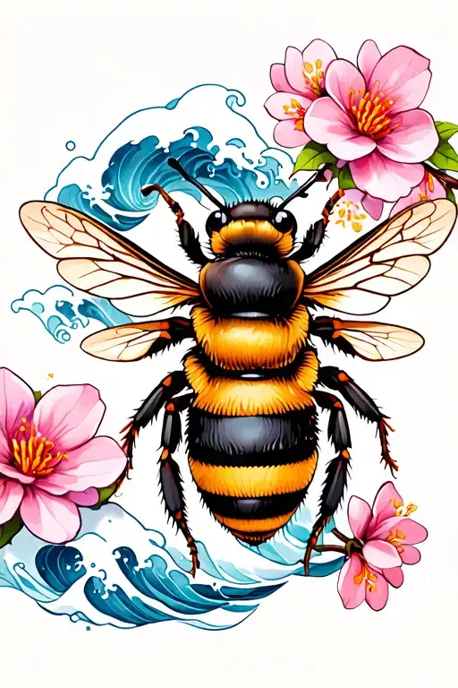 Bee With Waves And Cherry Blossoms