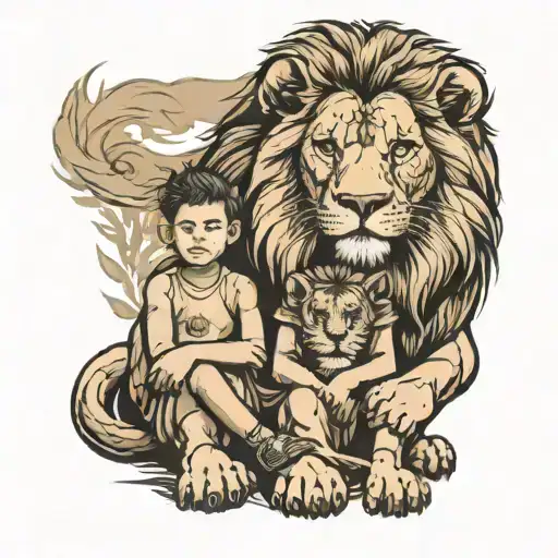 A Father And Son Sit Together With A Lion