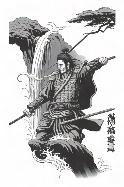 Samurai Warrior Under A Waterfall And Pagoda At The Top