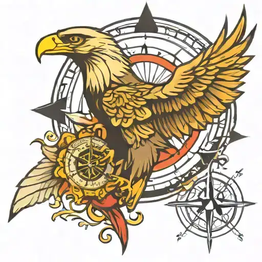 Create Me A Tattoo With A Compass Rose With An Eagle's Head With Half A Wing And An Open Beak