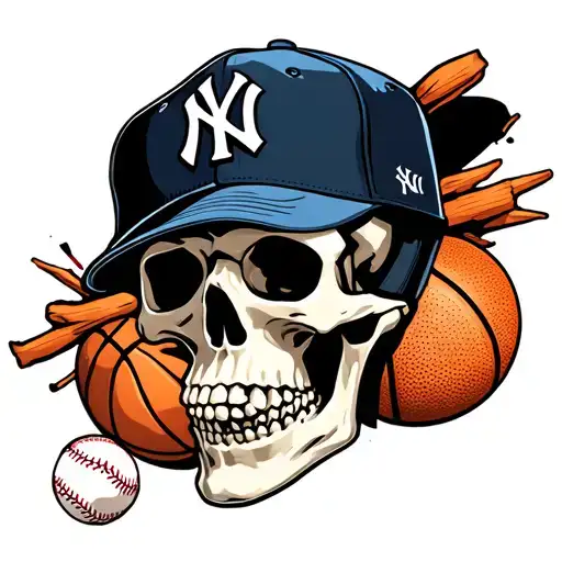 Skeleton With Baseball And Basketball With A New York Yankees Hat Tattoo