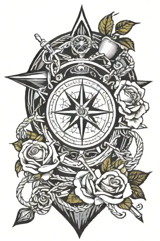 Rose With Compass And Anchor Intertwined