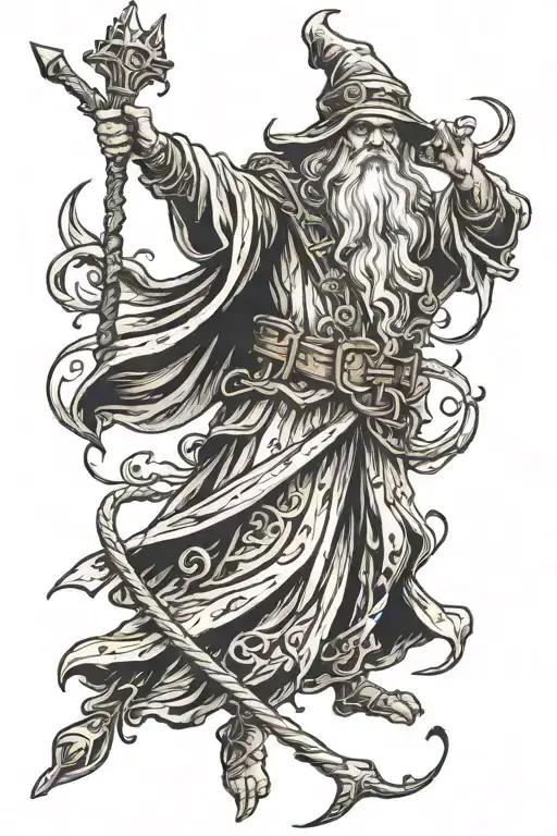 Medieval Wizard With Large Staff Casting A Spell Skyward