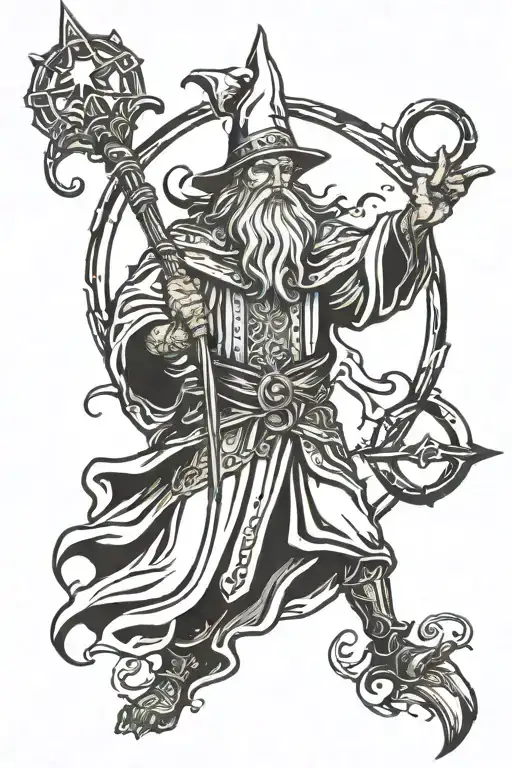 Medieval Wizard With Large Staff Casting A Spell Skyward
