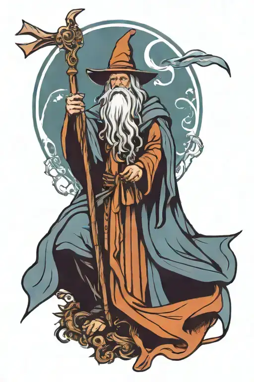 Medieval Wizard With Large Staff Casting A Spell Skyward