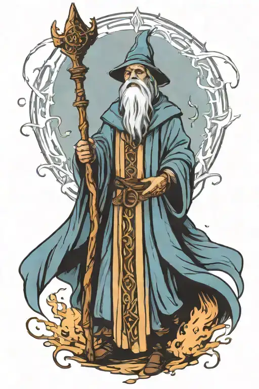 Medieval Wizard With Large Staff Casting A Spell Skyward