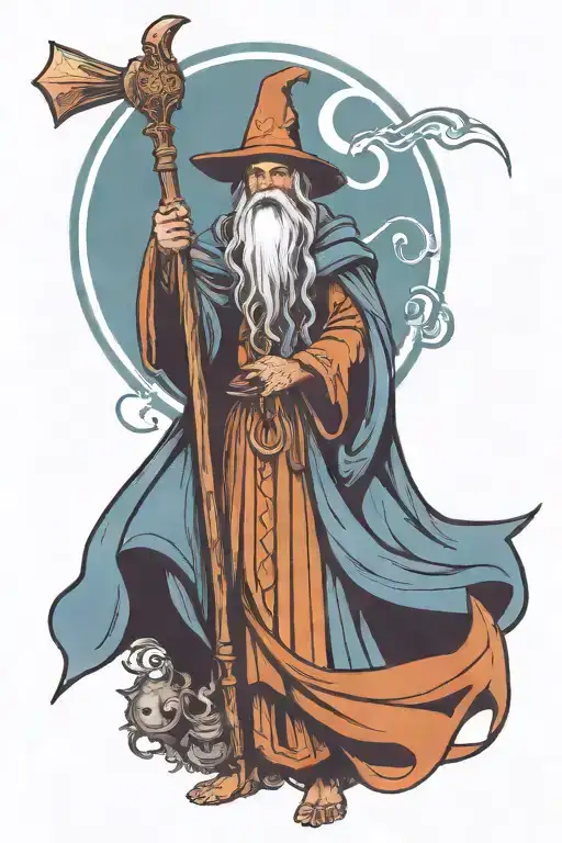 Medieval Wizard With Large Staff Casting A Spell Skyward