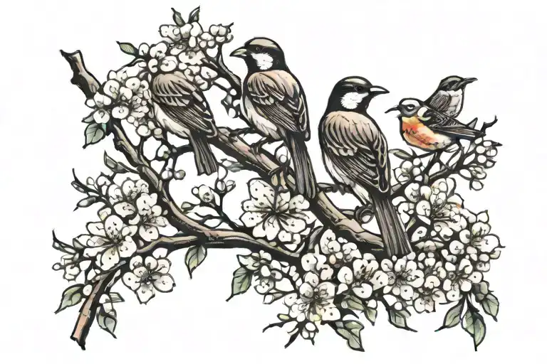Long Tree Branch With Blossoms And Three Birds