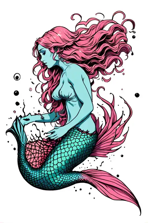 Mermaid With Long Pink Hair And Pink Tail Fighting And Tearing Apart A Black Fishnet