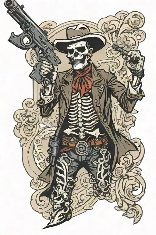 Full Body Tall Skinny Skeleton Western Gun Slinger With A Mustache And One Arm Behind Back