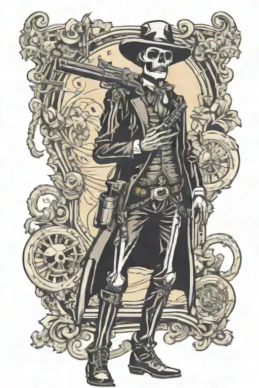 Full Body Tall Skinny Skeleton Western Gun Slinger With A Mustache And One Arm Behind Back