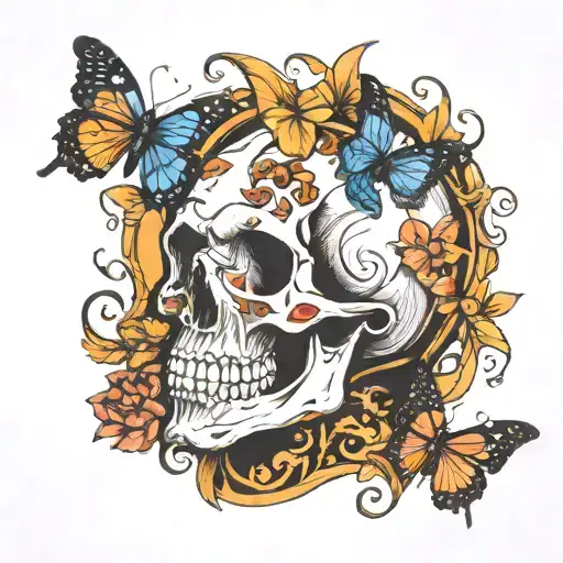 Skull In Profile With Butterflies