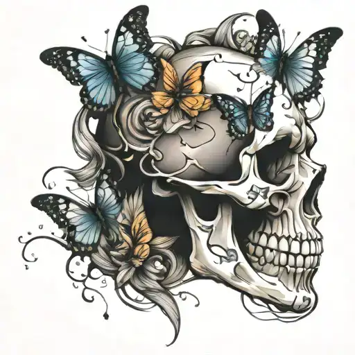 Skull In Profile With Butterflies