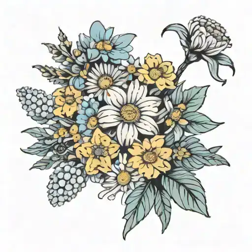 Flower Bouquet Tied With Daffodils Daisy Chrysanthemum Violets Asters