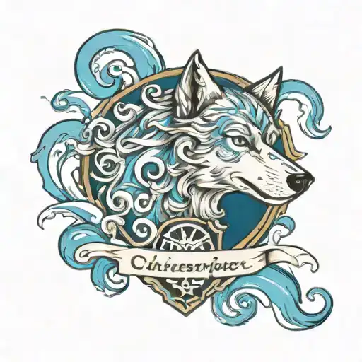Christopher Family Crest With Ocean Waves And A Wolf