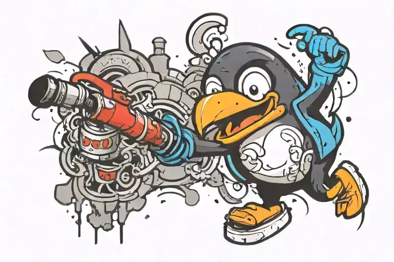Cartoon Penguin Spray Painting Graffiti On Wall Being Torn