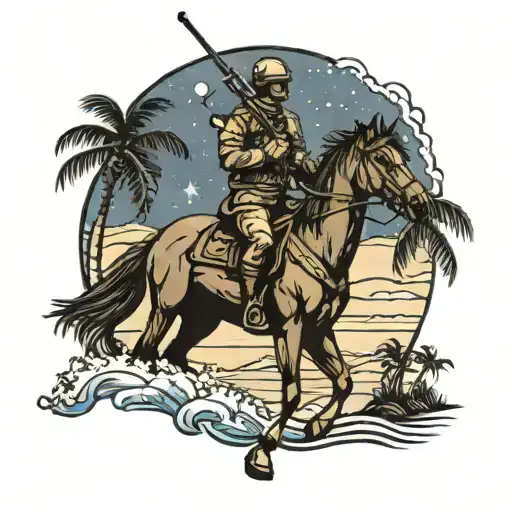 Army Soldier Riding Horse On Beach With Palm Trees And Night Sky