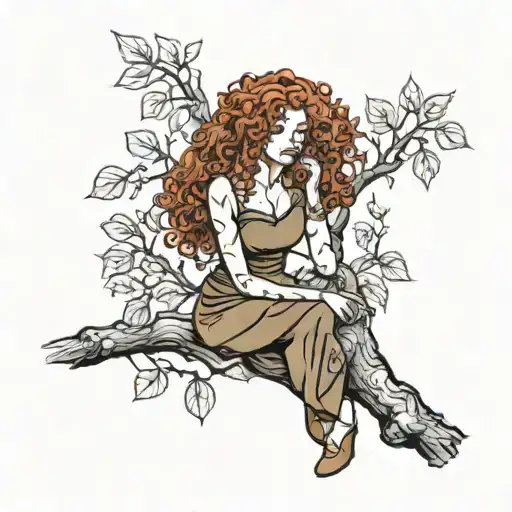 Girl With Curly Red Hair Sitting In A Tree With A Long Skirt