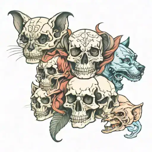 Cat Skull And Human Skull And Dog Skull