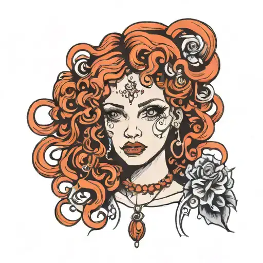 Girl With Curly Red Hair With A Necklace Tattoo