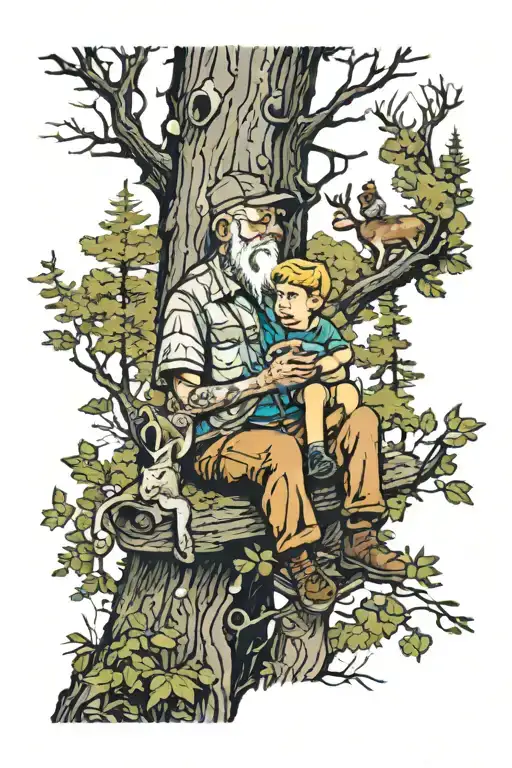 Boy And His Grandpa In The Woods Sitting In A Tree Stand Hunting Deer Tattoo