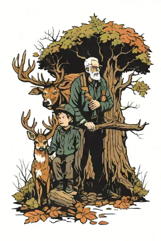 Boy And His Grandpa In The Woods Sitting In A Tree Stand Hunting Deer Tattoo