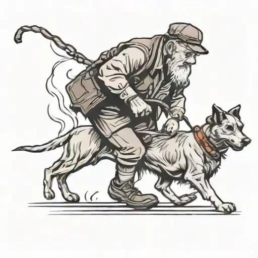 Old Man With Flat Cap Walking Dog