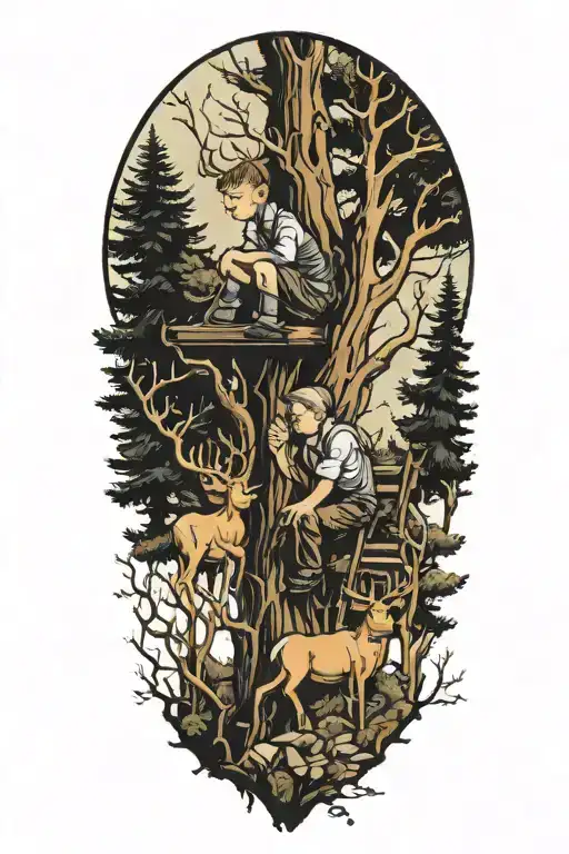 Boy And Grandpa In A Deer Stand In A Tree In The Woods