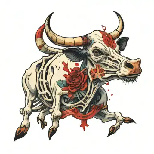 A Cow Skeleton With A Bloody Claw On Its Head Surrounded Tattoo