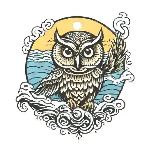 Owl Standing On The Sun Undereath Some Waves Of Water