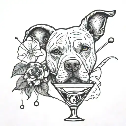 Black And White Pit Bull And Martini Glass With A Cherry In It