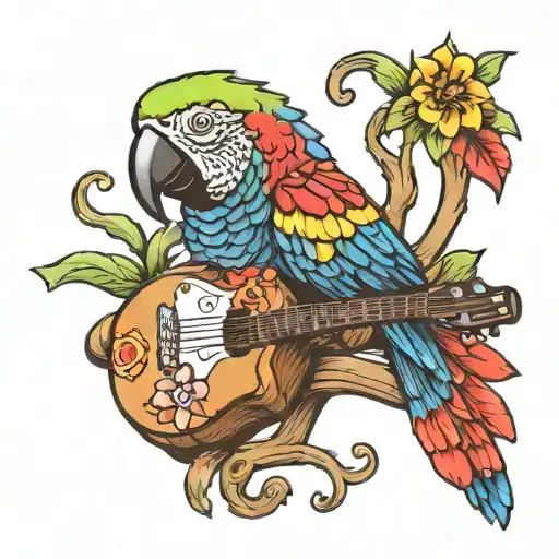 Parrot Perched On A Guitar